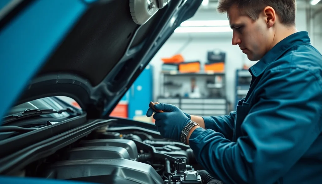Discover monthly car warranty plans with a mechanic examining an engine in a professional garage.