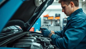Discover monthly car warranty plans with a mechanic examining an engine in a professional garage.