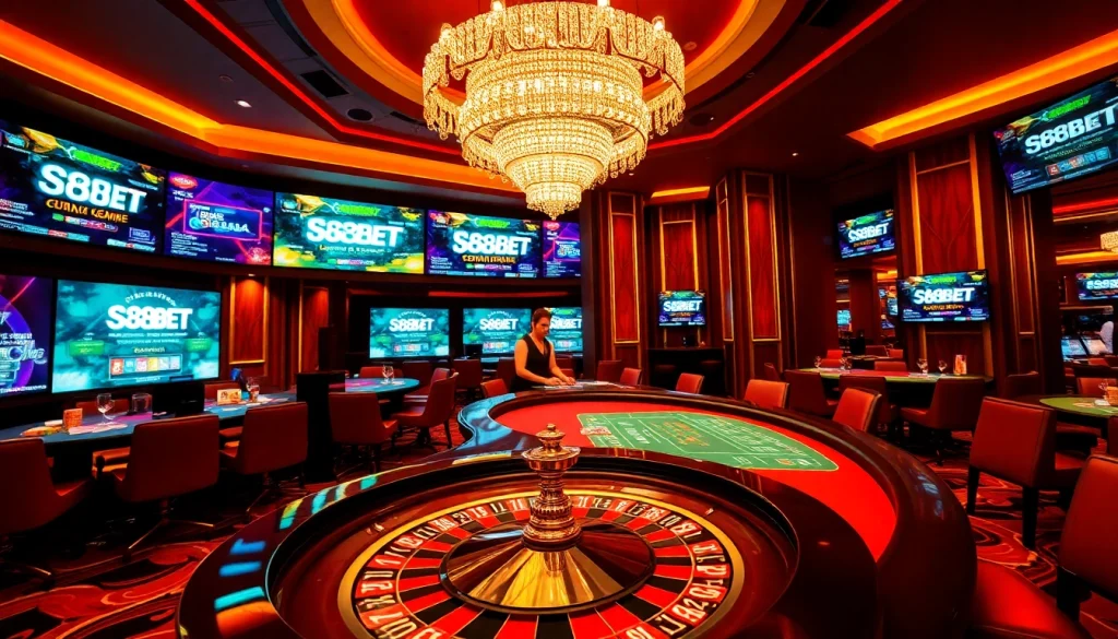 S88BET players enjoying vibrant casino action at a roulette table and poker game.