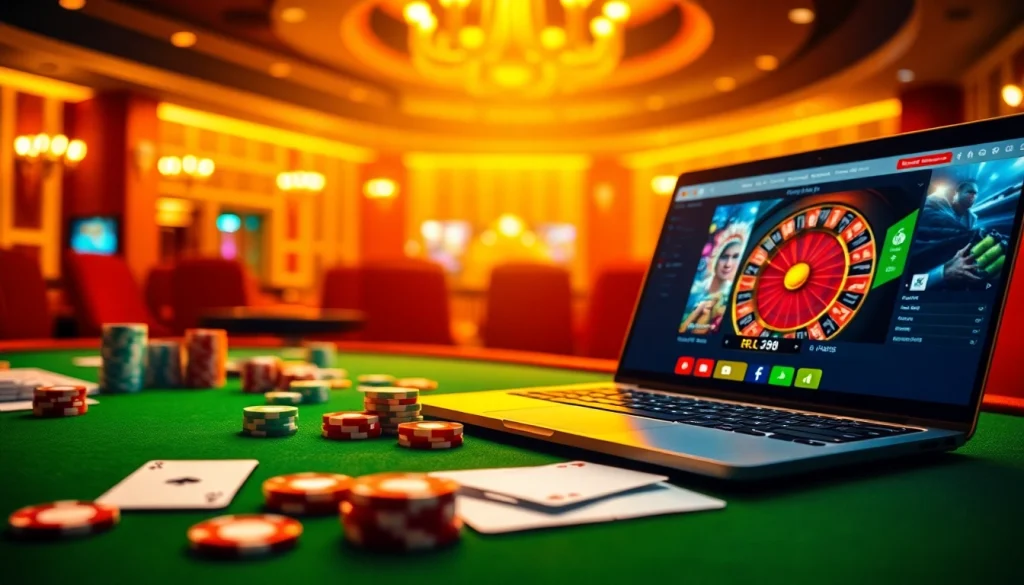 Experience excitement with RR88 at a luxurious casino table featuring poker chips and a roulette wheel.