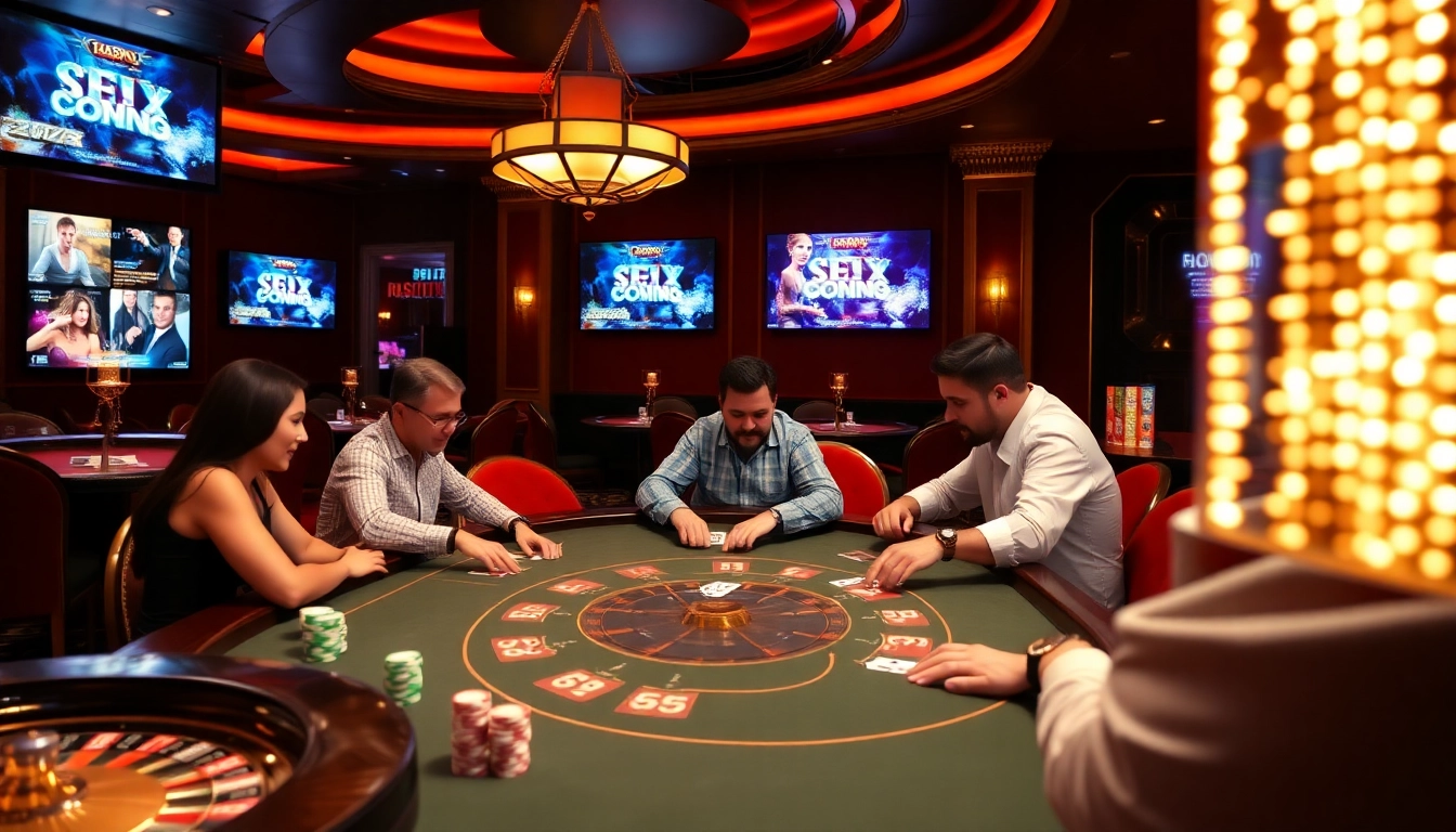 Players enjoy a sex game themed casino experience with vibrant poker tables and colorful chips.