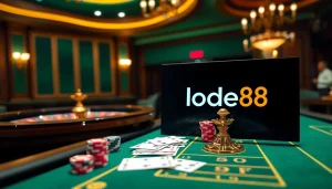 Engage in thrilling gambling action at trang chủ lode88 with high-stakes poker chips and cards.