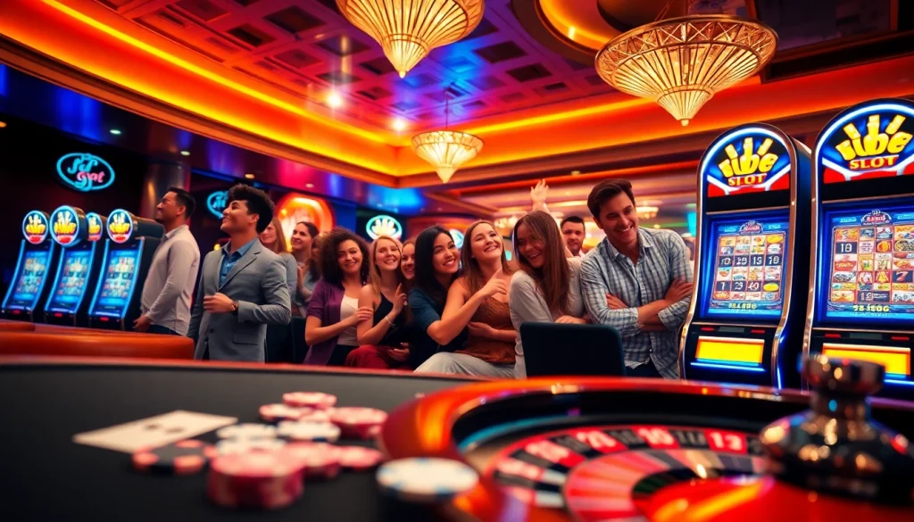 Players enjoying the excitement of Idn Slot machines in a lively casino setting.