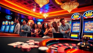 Players enjoying the excitement of Idn Slot machines in a lively casino setting.