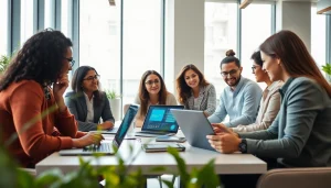 Group of professionals in a modern office focusing on AI automation agency in UK.