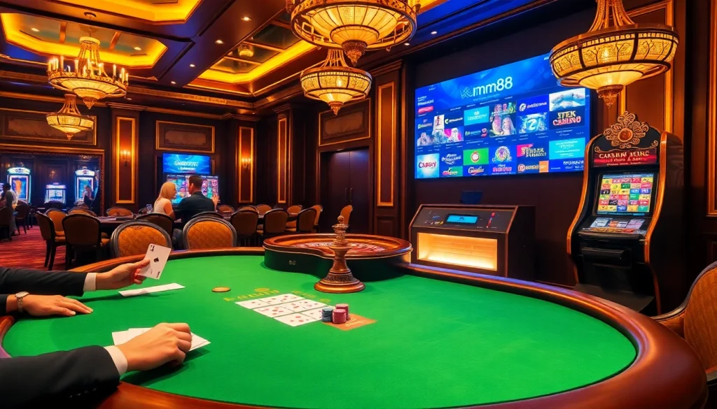 Experience an exciting gaming scene at mm88, showcasing poker, roulette, and a dazzling slot machine.