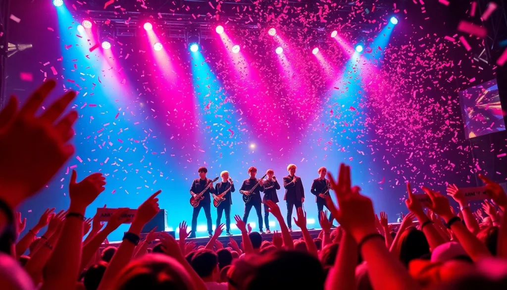 BTS news capturing the energetic performance of the band on stage amidst enthusiastic fans.