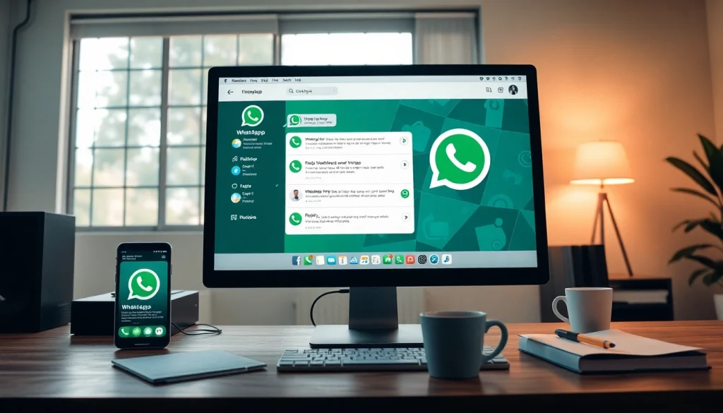 在现代工作区计算机上显示的 WhatsApp网页版界面，促进无缝沟通。