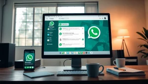 在现代工作区计算机上显示的 WhatsApp网页版界面，促进无缝沟通。