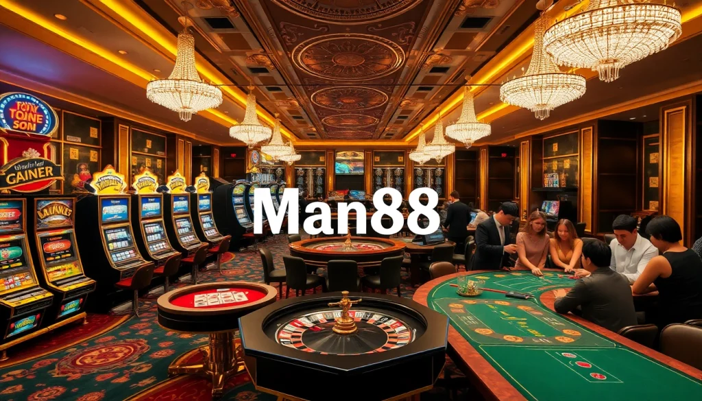 Experience the thrill of winning at Man88's luxurious casino, featuring vibrant slot machines and engaging poker tables.