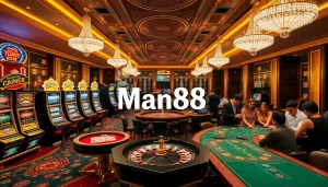 Experience the thrill of winning at Man88's luxurious casino, featuring vibrant slot machines and engaging poker tables.