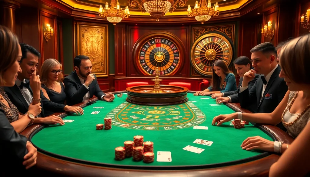 Players engaging in an exciting poker game at RR88, showcasing vibrant poker chips and cards in an elegant casino setting.