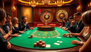 Players engaging in an exciting poker game at RR88, showcasing vibrant poker chips and cards in an elegant casino setting.