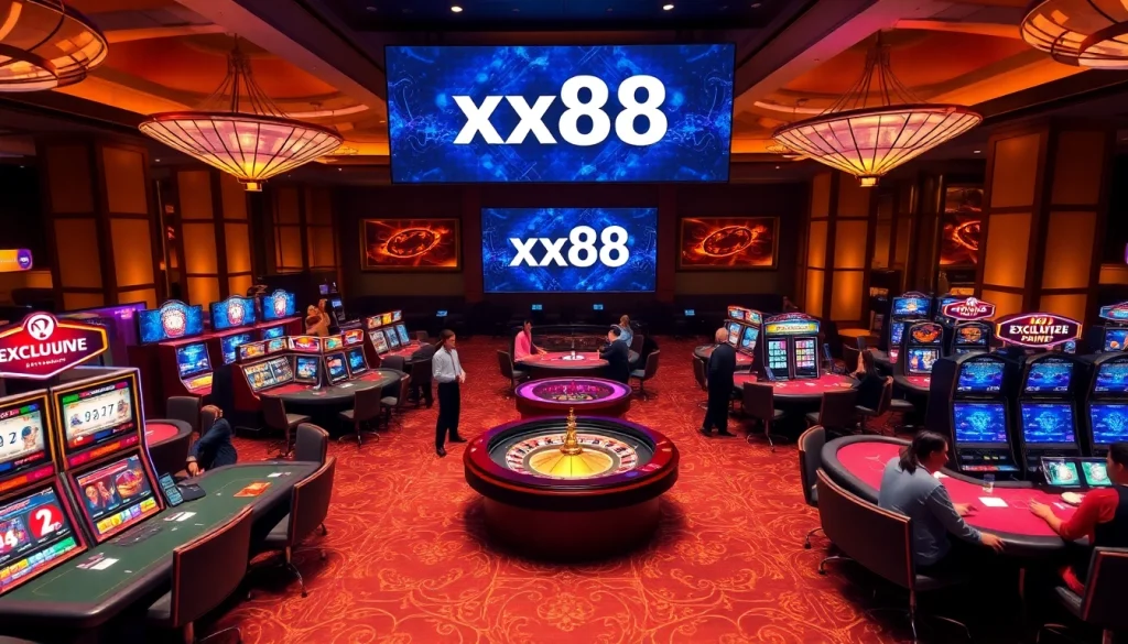 Experience the thrill of xx88 at a luxurious casino with vibrant slot machines and poker tables.