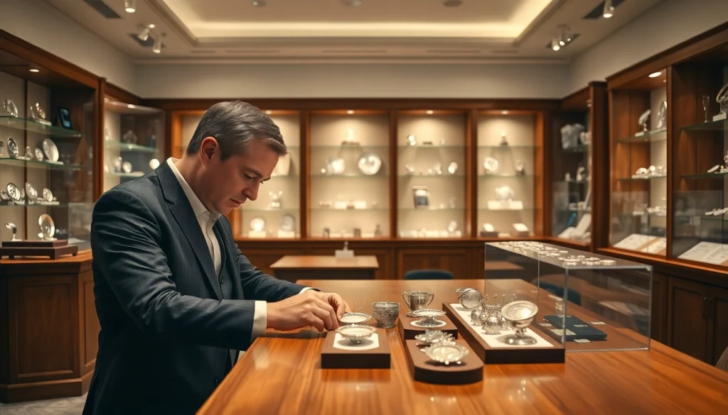 Valutatione di compro argento con esperto professionista e gioielli in vista.