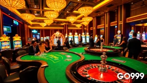 Players immersed in a luxury casino setting at GO99, engaging with vibrant gaming tables and elegant decor.