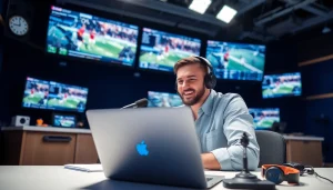 Engaging sports broadcasting scene with a commentator analyzing live events and data.