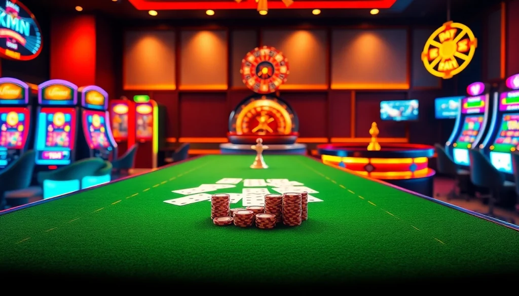 Players enjoying thrilling games at xin88hv.club, featuring elegant casino tables and vibrant slot machines.