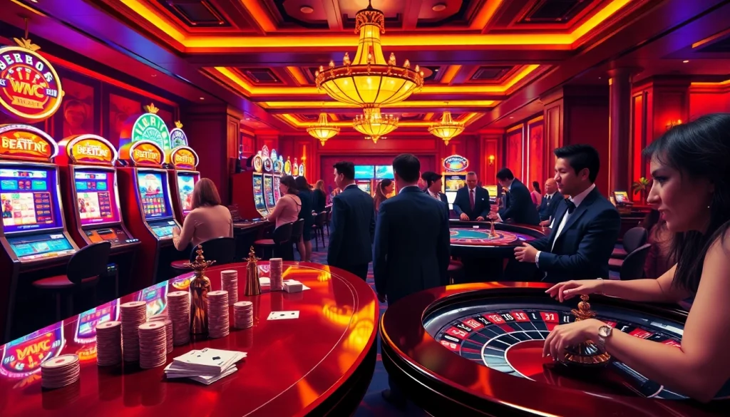 Experience high-stakes gambling excitement at rikvip368.com with elegant tables and vibrant slot machines.