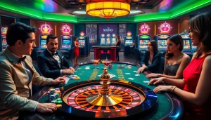 SODO casino scene with excited players at a poker table featuring vibrant chips and cards.