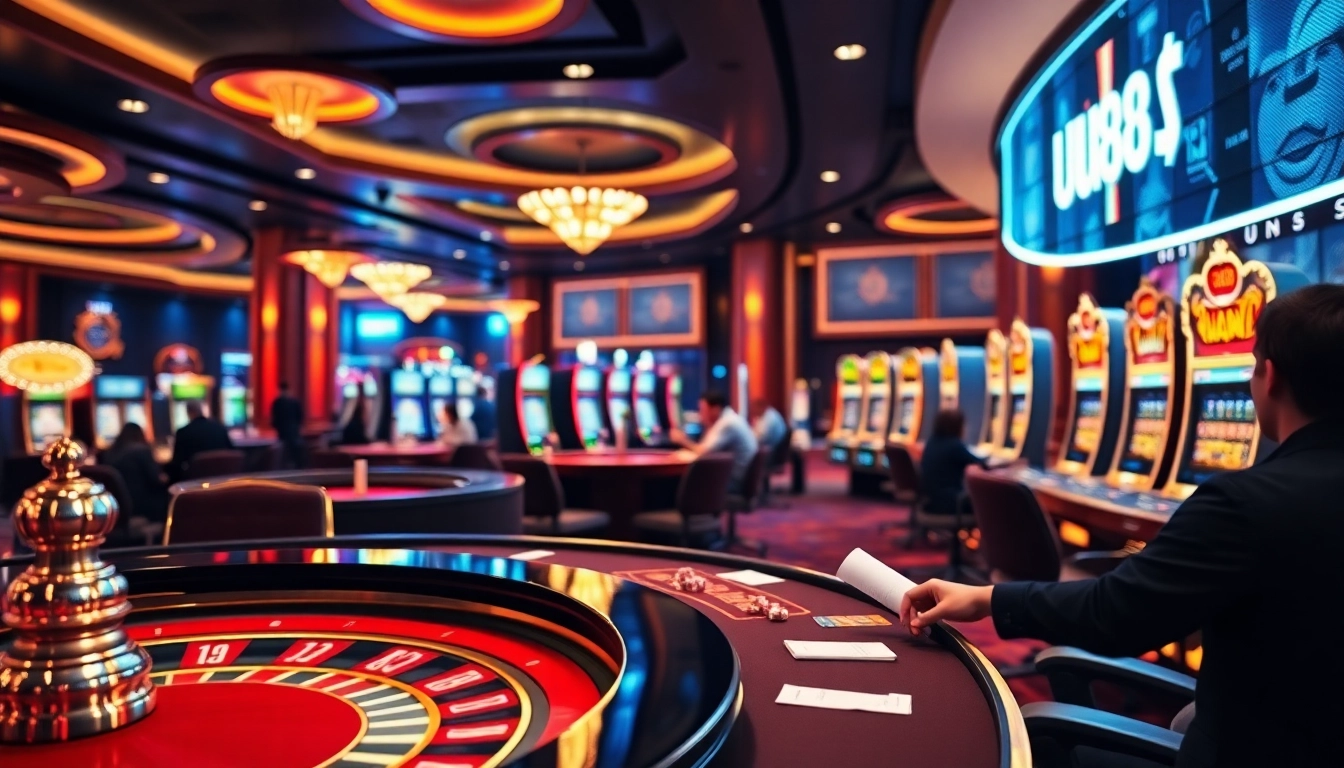 UU88 players engaging in exciting casino games with vibrant lighting.