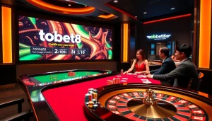 Tobet88 poker players enjoying vibrant casino action with chips, cards, and excitement.