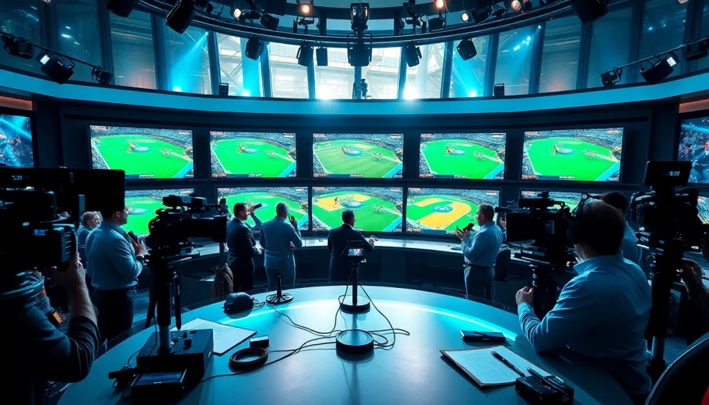 Engaging sports broadcasting scene showcasing reporters and live game coverage featuring vibrant energy.