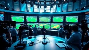 Engaging sports broadcasting scene showcasing reporters and live game coverage featuring vibrant energy.
