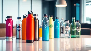 Gertuves su spauda rodomos modernioje biuro aplinkoje, demonstruojančios asmeniškai pritaikytą prekės ženklą.