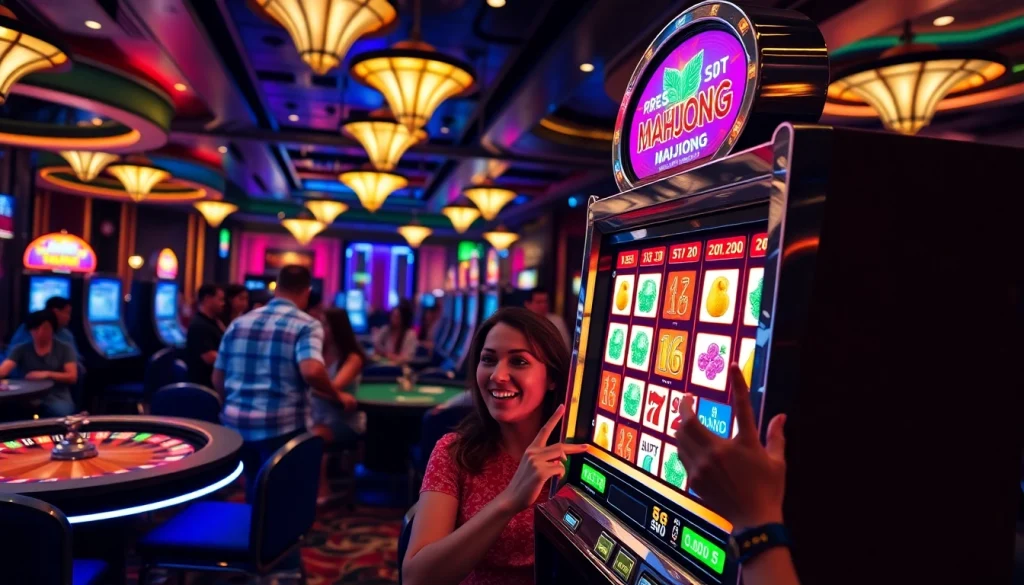 Exciting players engaging with a mahjong slot demo in a lively casino environment.