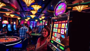 Exciting players engaging with a mahjong slot demo in a lively casino environment.