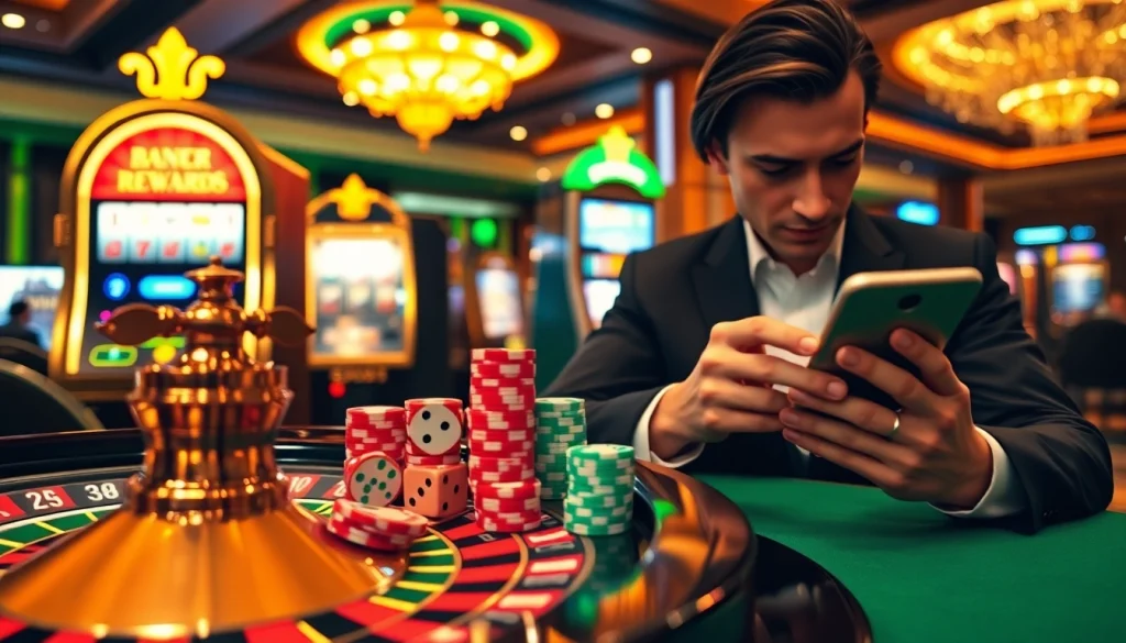 Experience sbobet link alternatif betting at an elegant casino with roulette, chips, and a mobile player.