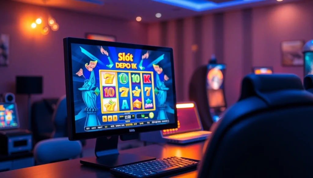 Permainan slot depo 1k dengan layar komputer berwarna cerah dan animasi menarik