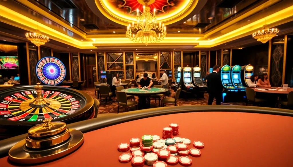 Tobet88 elevates gambling with a vibrant casino interior featuring roulette, poker, and slot machines.
