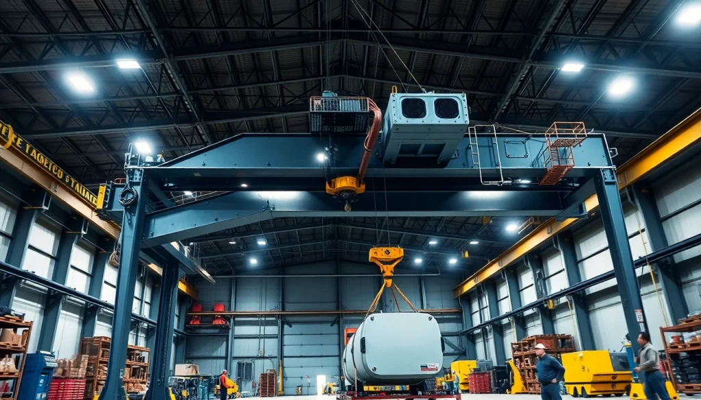 Double girder bridge crane in action, lifting heavy machinery in an industrial setting.