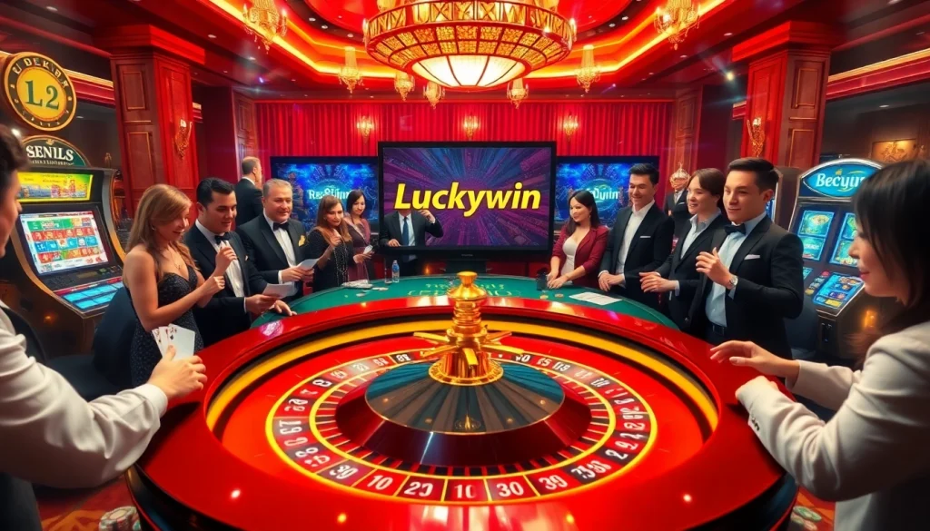 Experience the thrill of Luckywin at a luxurious casino with vibrant roulette and excited players.