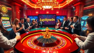 Experience the thrill of Luckywin at a luxurious casino with vibrant roulette and excited players.