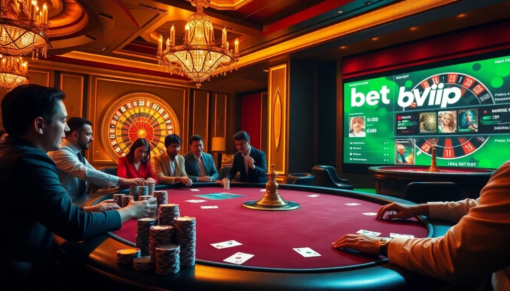 Người chơi BetVIP tham gia một ván poker đầy hồi hộp giữa các yếu tố sòng bạc sang trọng.
