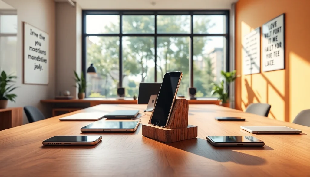 MMOO wooden phone holder showcasing stylish gadgets in a modern workspace