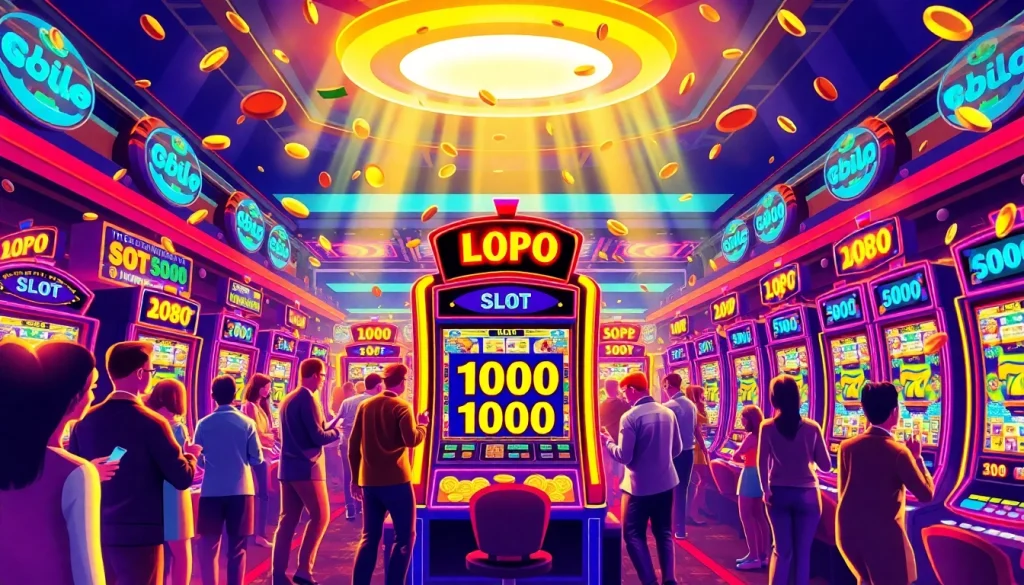 Main event of slot depo 1000 with vibrant slot machines and players in a lively setting.