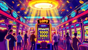 Main event of slot depo 1000 with vibrant slot machines and players in a lively setting.