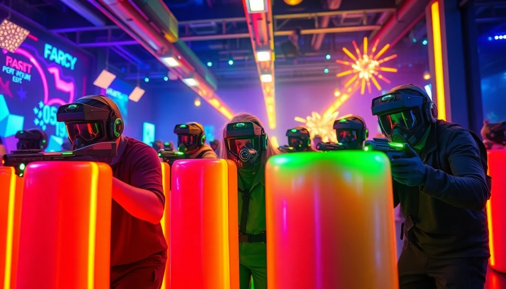 Engaged players participating in an exciting laser tag match, featuring neon obstacles and vibrant lights.