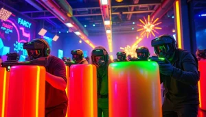 Engaged players participating in an exciting laser tag match, featuring neon obstacles and vibrant lights.