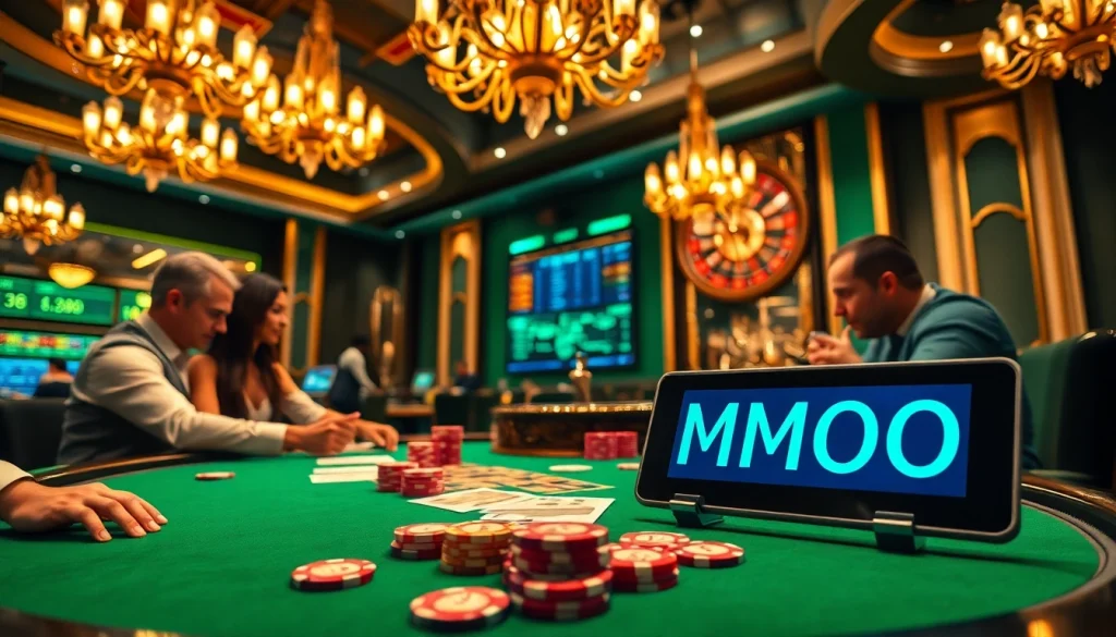 MMOO poker game scene depicting high-stakes action with colorful chips and cards.