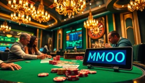MMOO poker game scene depicting high-stakes action with colorful chips and cards.