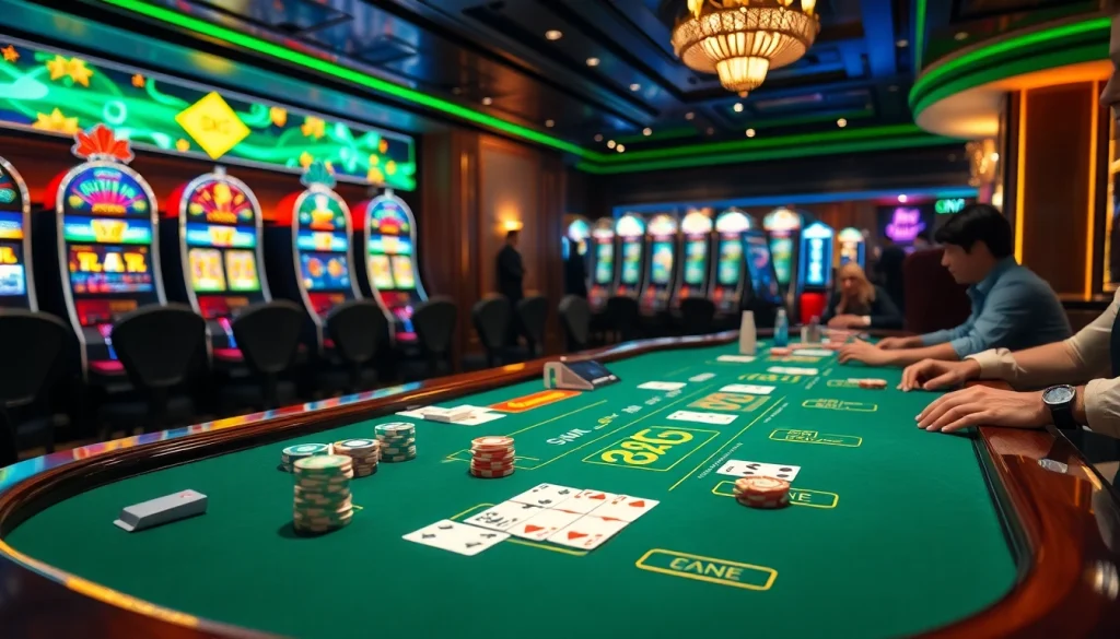Players enjoy an exciting game of blackjack at a luxurious BK8 casino table, surrounded by vibrant slot machines.