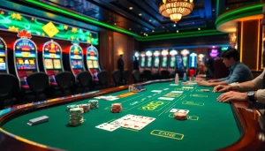Players enjoy an exciting game of blackjack at a luxurious BK8 casino table, surrounded by vibrant slot machines.