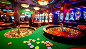 Cảnh casino Betvip với bánh xe roulette, bàn poker và ánh sáng sống động.
