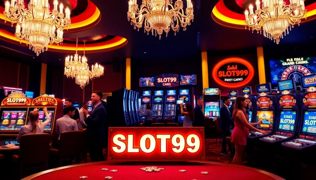 Excited players engaging with SLOT99 slot machines in a luxurious casino atmosphere.