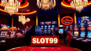 Excited players engaging with SLOT99 slot machines in a luxurious casino atmosphere.
